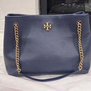 Tory Burch Navy Pebbled Leather Chain-Handle Shoulder Bag with Gold Hardware